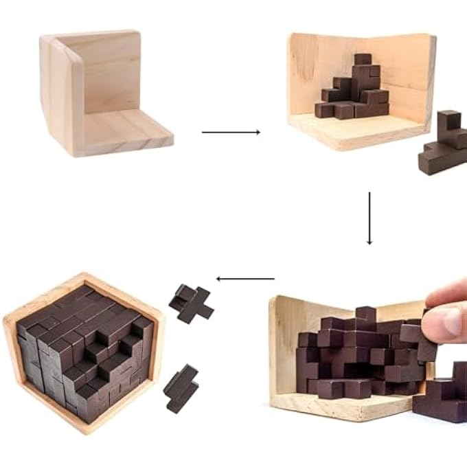 3D WOODEN BRAIN TEASER PUZZLE, 3D PUZZLE BOX WITH T-SHAPE PIECES, BRAIN BOOSTING GAMES FOR CHILDREN TEENAGERS AND ADULT PUZZLE ENTHUSIASTS - Image 2